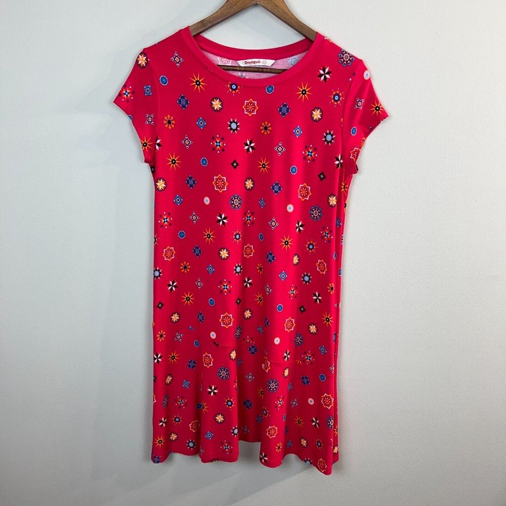 Desigual Dress L Pink Colorful Geometric Mini Short Sleeve A-line Stretch Tunic